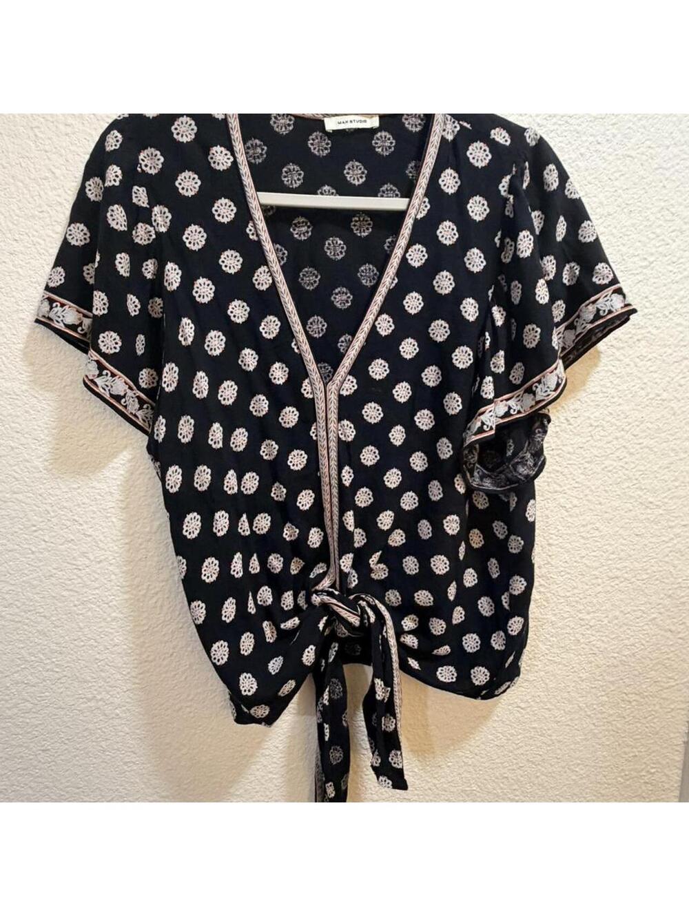 Max Studio Black Printed Tie Front Blouse | Women’s M